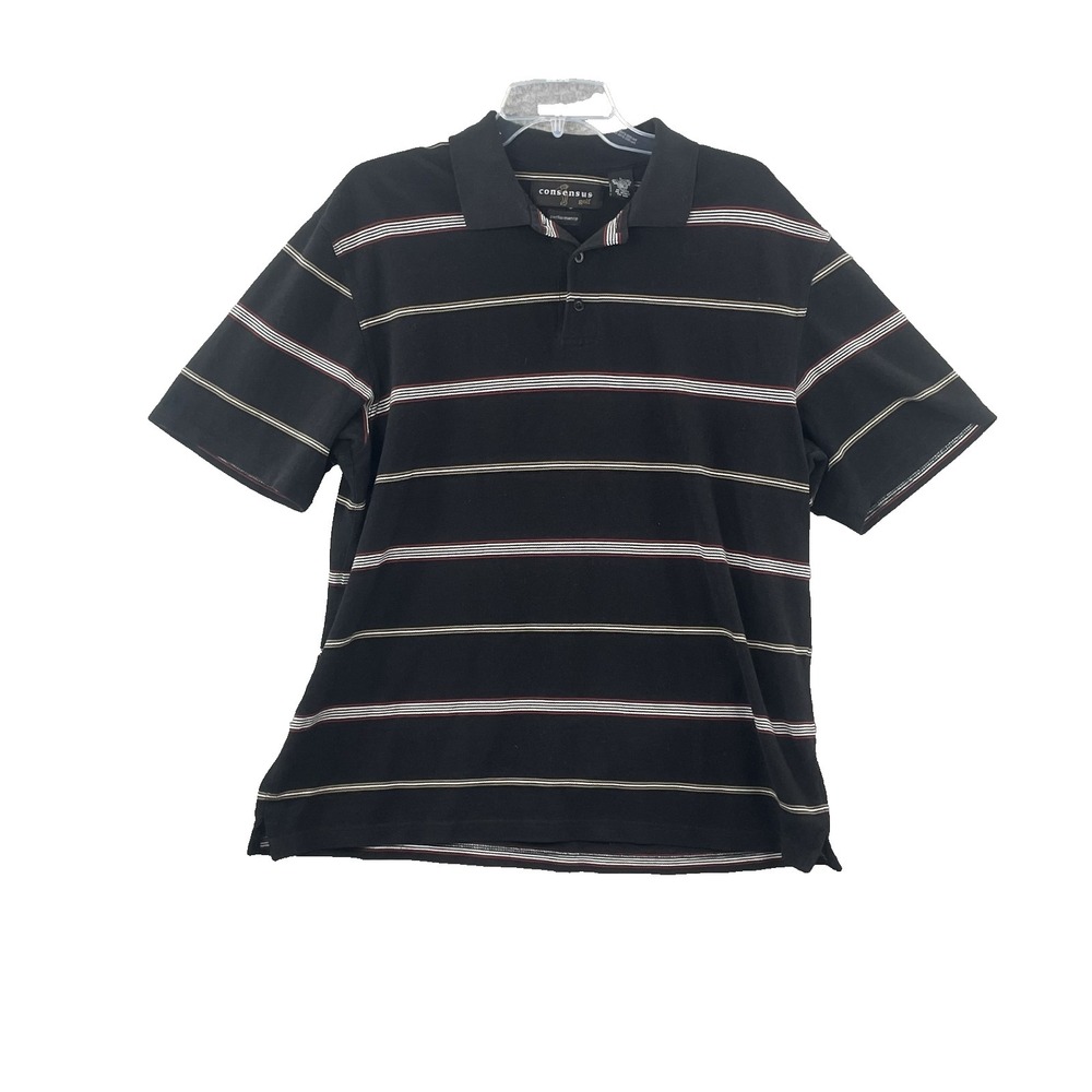 Consensus Polo Shirt Men Large Blue Striped Cotton Short Sleeve Golf Performance